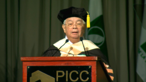 PHINMA Chairman and CEO Ramon R. del Rosario Jr. speaks after receiving an honorary degree of Doctor of Business Administration from De La Salle University