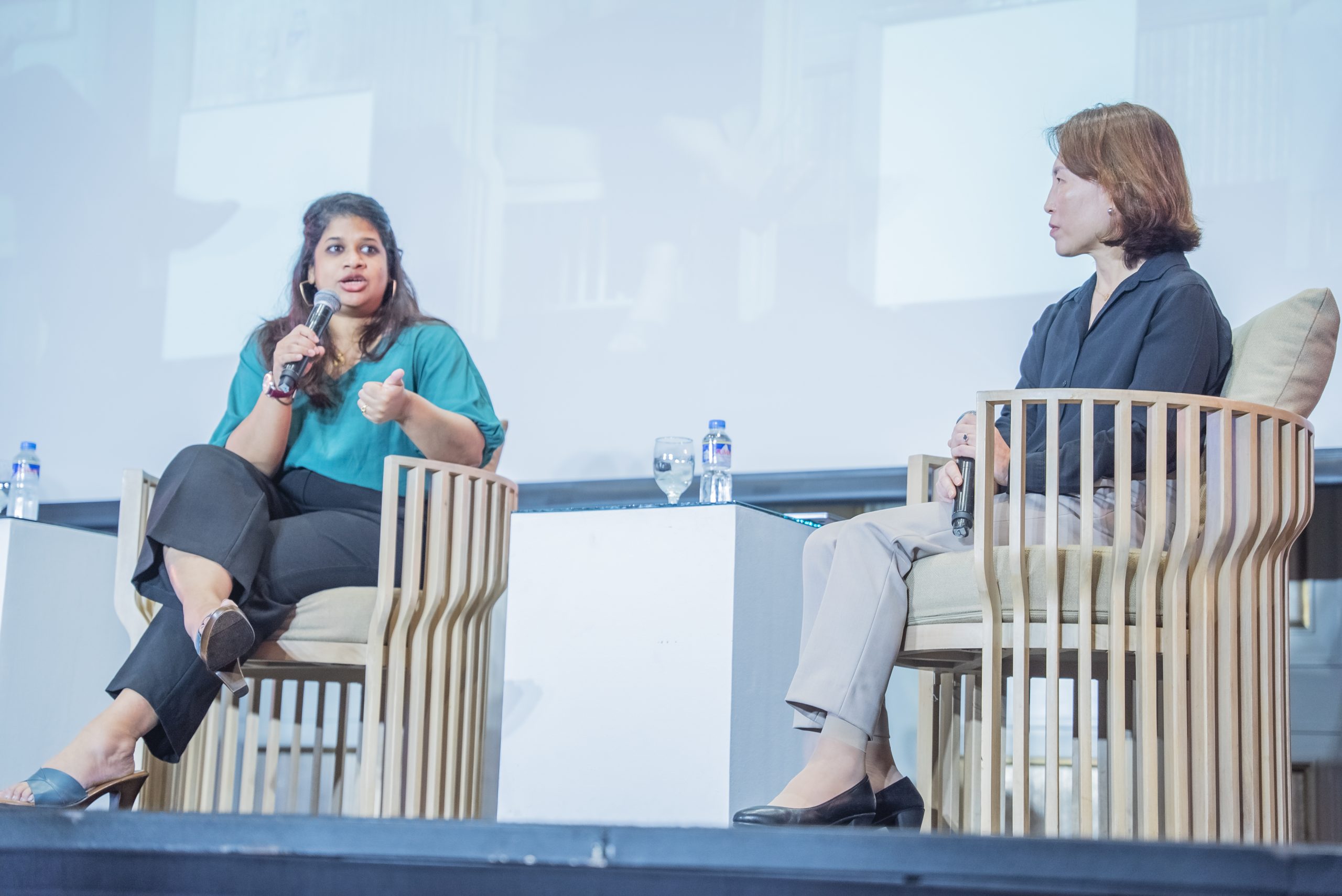 Global Schools Forum Programme Director Kavita Rajagopalan and Asian Development Bank Education Specialist Meekyung Shin answer questions from the audience during the PHINMA Policy Forum